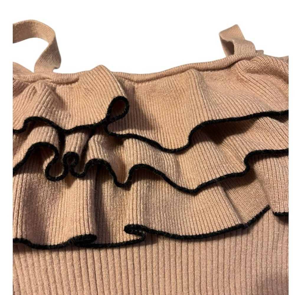 Off shoulder three tier ruffle chest long sleeve ribbed sweater shoulder straps. - Picture 5 of 7